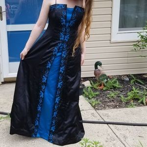 Niki Livas black and blue embroidered formal gown